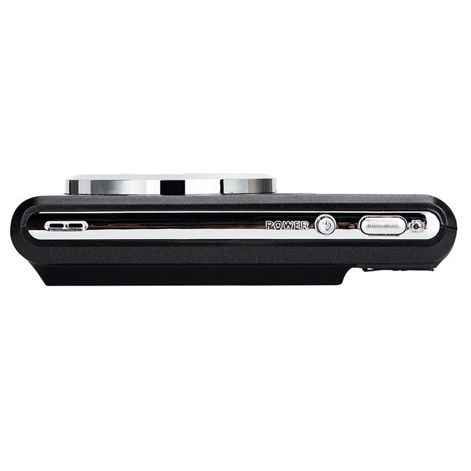 Black side view of a camera. Power button, silver dial, and other buttons.