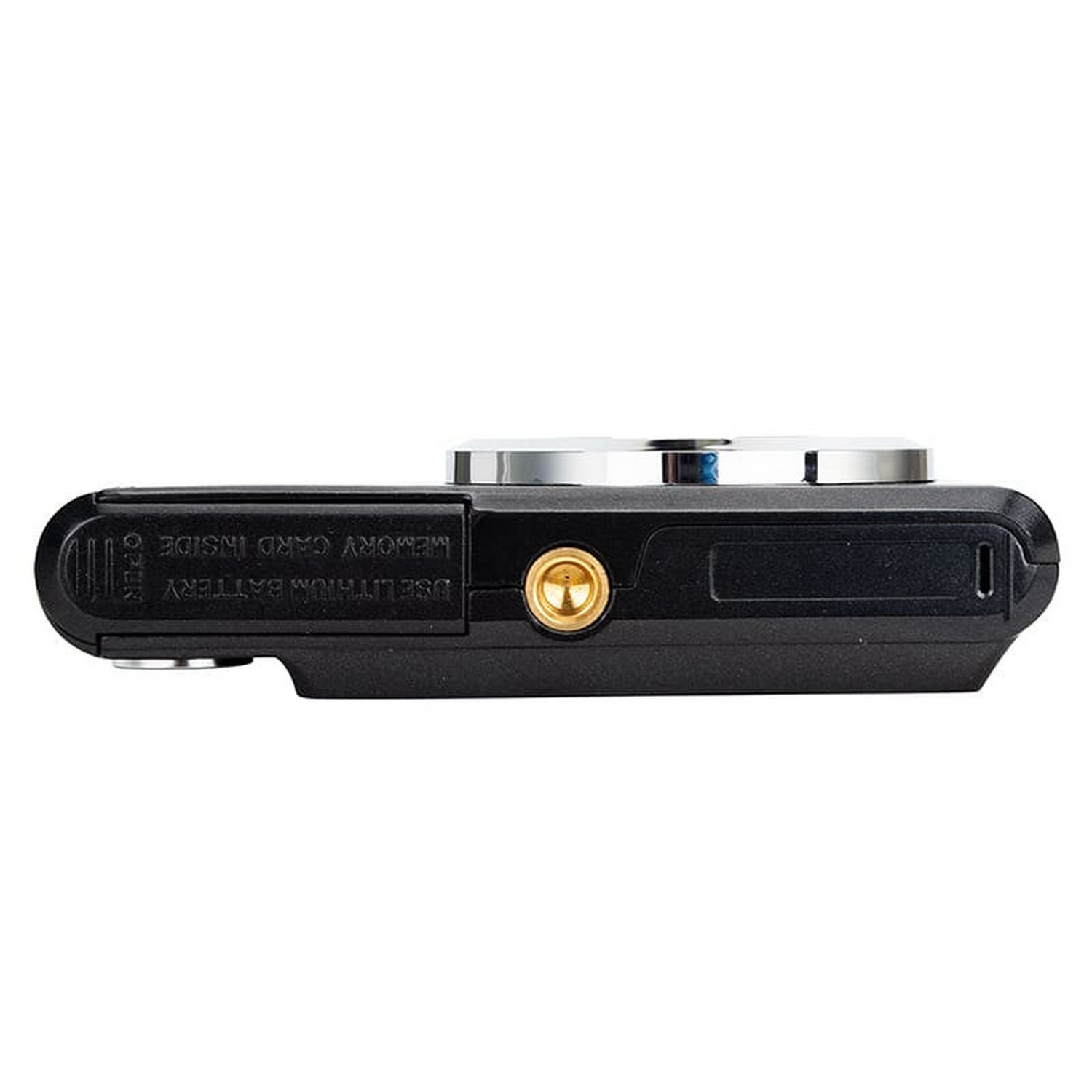 Black camera, bottom view. Memory card slot, battery compartment, and lens mount visible.