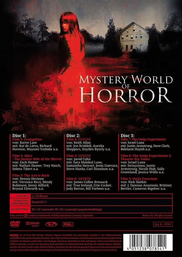 DVD-Hülle für 'Mystery World of Horror' mit einer Horrorfilmszene.