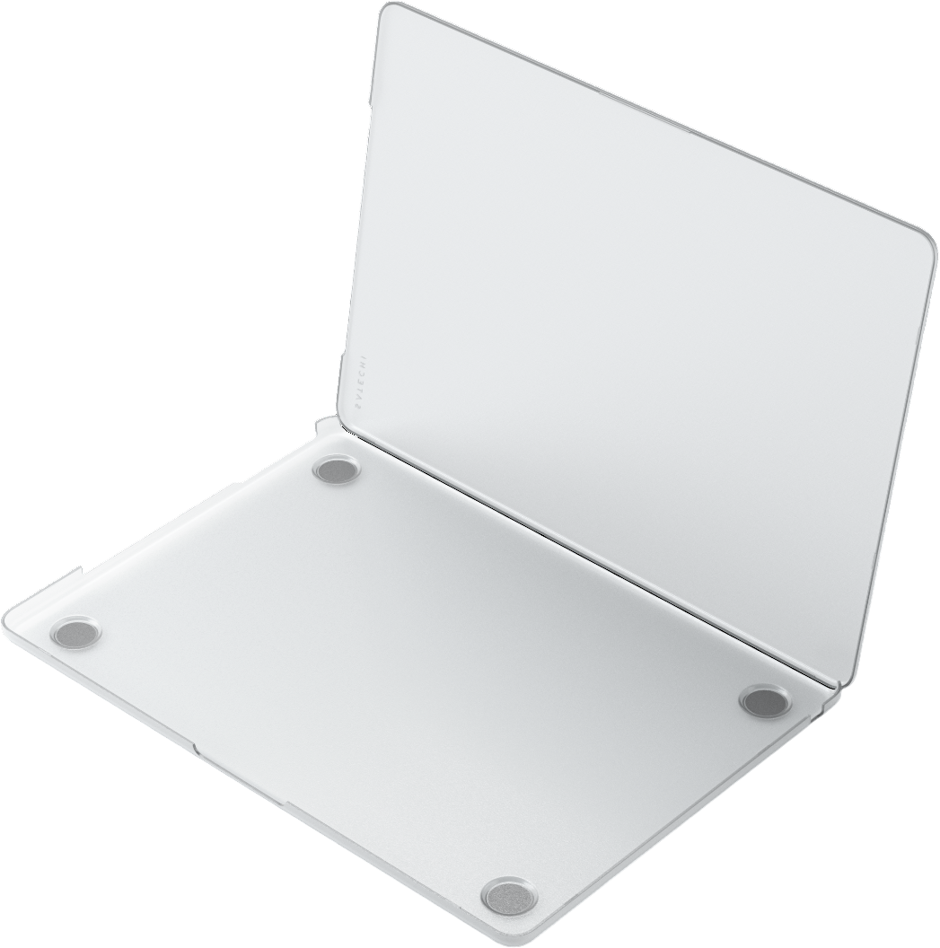Custodia bianca per laptop, parzialmente aperta, con quattro piedini grigi.