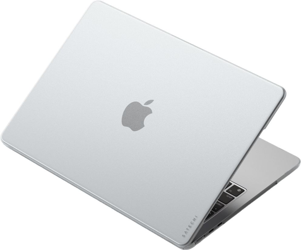 Un laptop argentato con un logo Apple sul retro, su una superficie bianca.