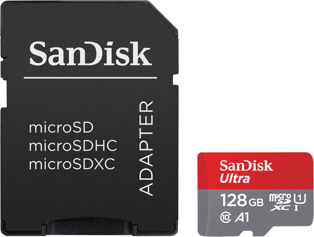 A SanDisk microSD card and adapter, alongside a red and grey SanDisk Ultra card.