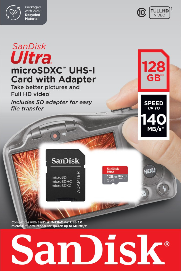 SanDisk Ultra microSDXC card with adapter. Card is in a digital camera. Black SD card in the adapter.