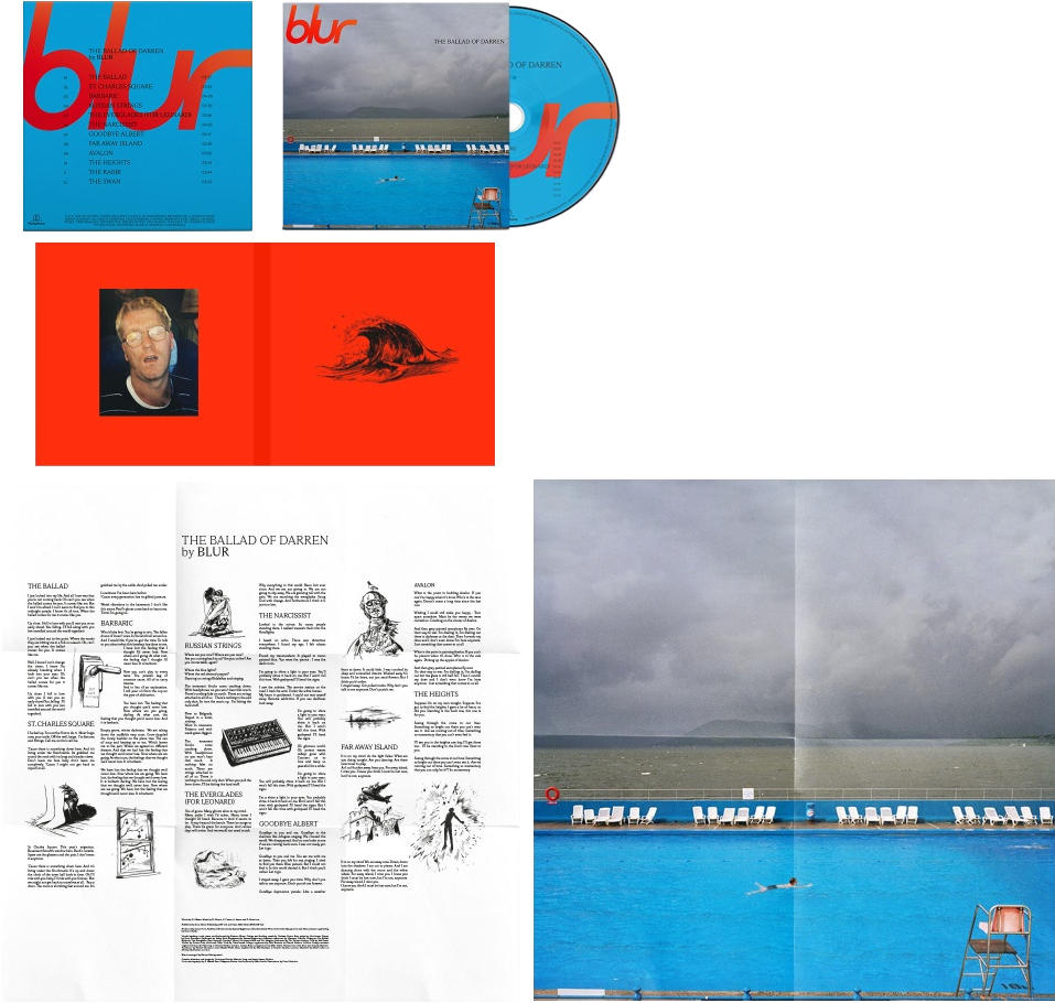 A Blur album borítója kék háttérrel és szöveggel, CD és füzet képekkel együtt.
