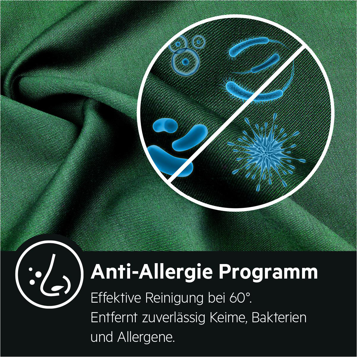 Grüner Stoff mit Grafik, die Anti-Allergie, Keime und Bakterien anzeigt.