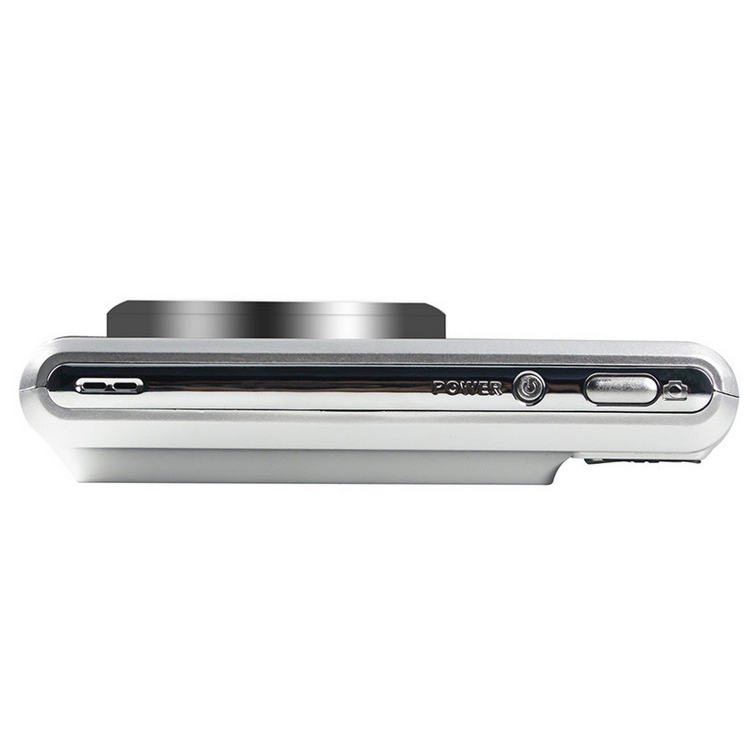 Zijaanzicht van een witte camera, met aan/uit-knop en zoomknoppen, strak design.