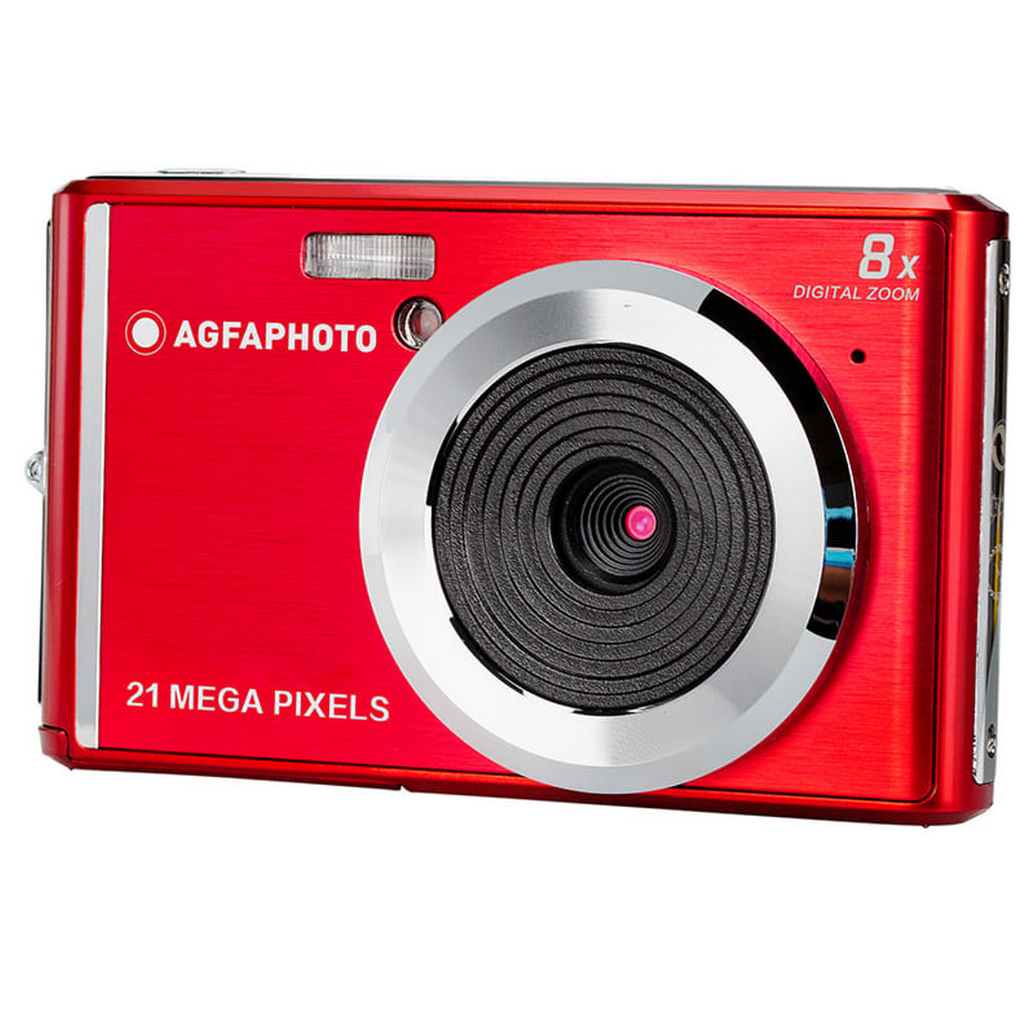 Red digital camera with a black lens and 21 megapixels.