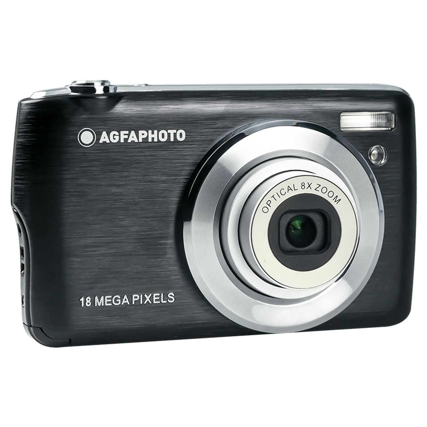 Black Agfaphoto camera with 18 megapixels and an 8x optical zoom lens.