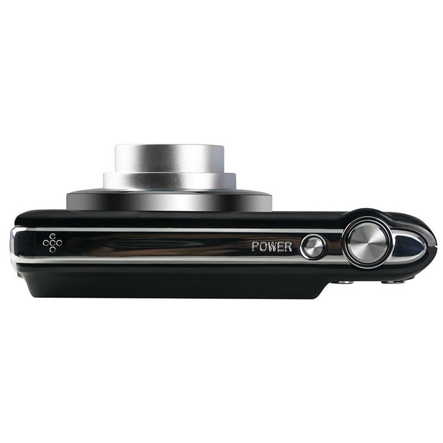 Black camera with a silver top, power button, and a lens on a white background.