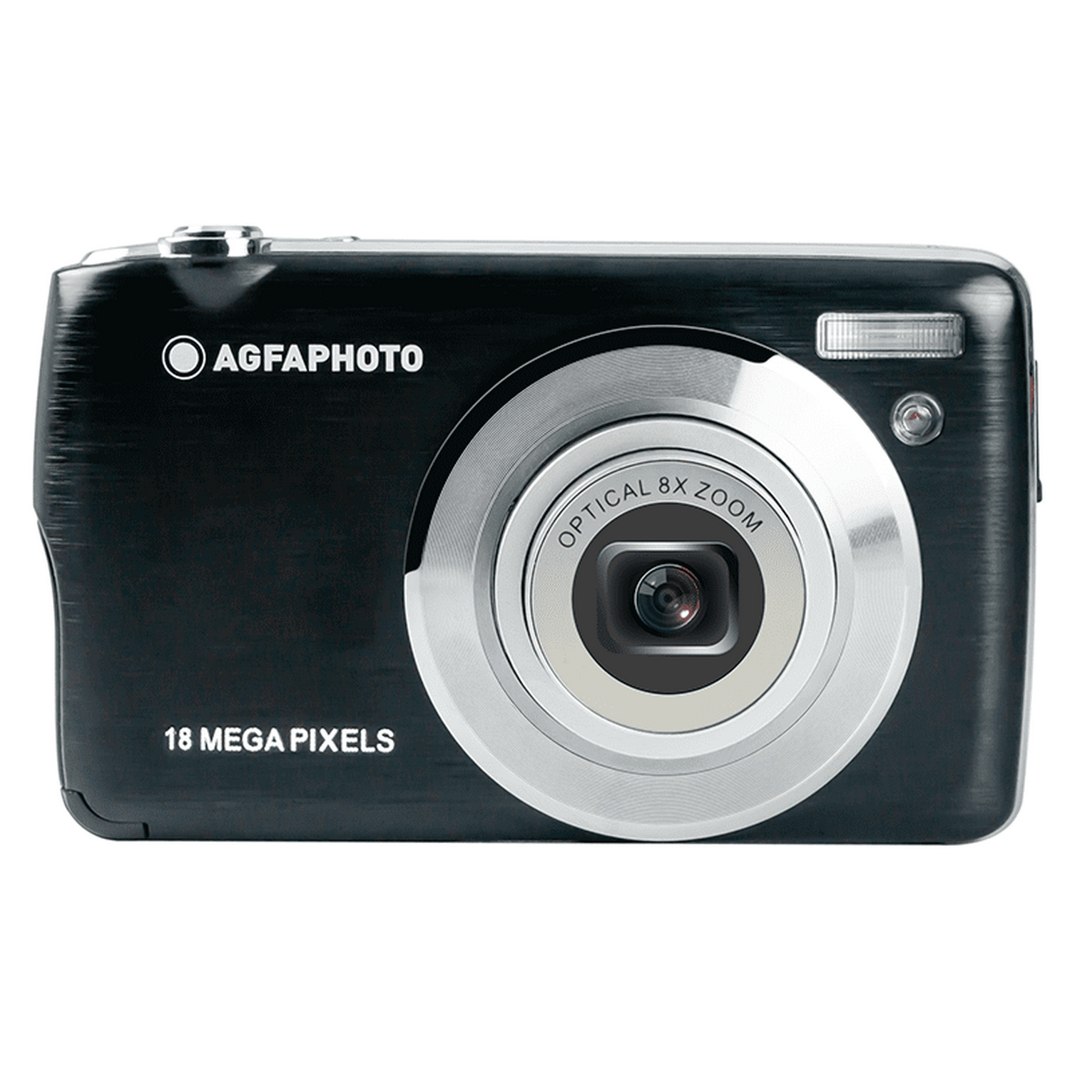 Black AgfaPhoto camera with 18 megapixels and 8x zoom.