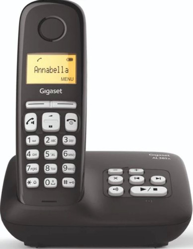 Téléphone sans fil noir avec écran affichant 'Annabella'.