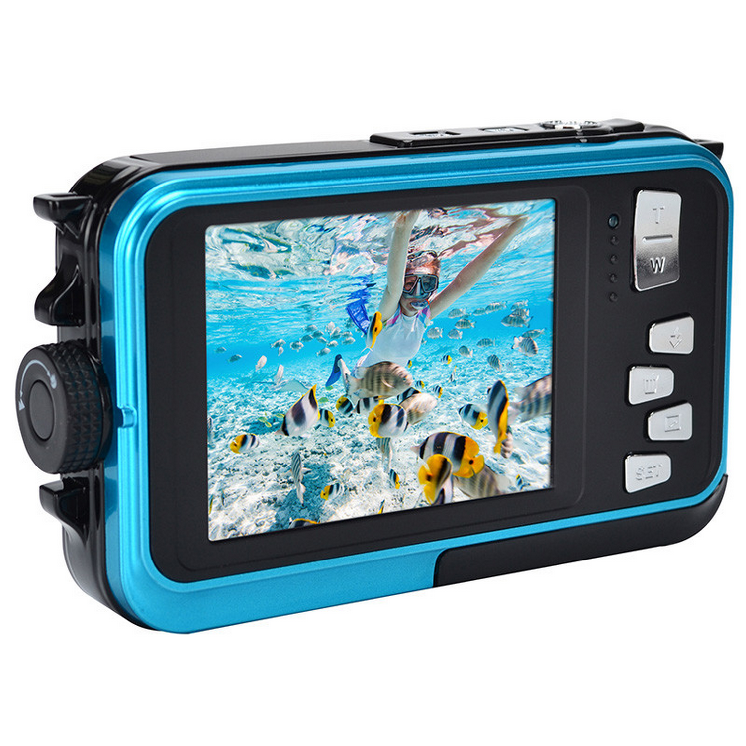 Blauwe waterdichte camera toont een duiker. Veel vissen zwemmen in het water.