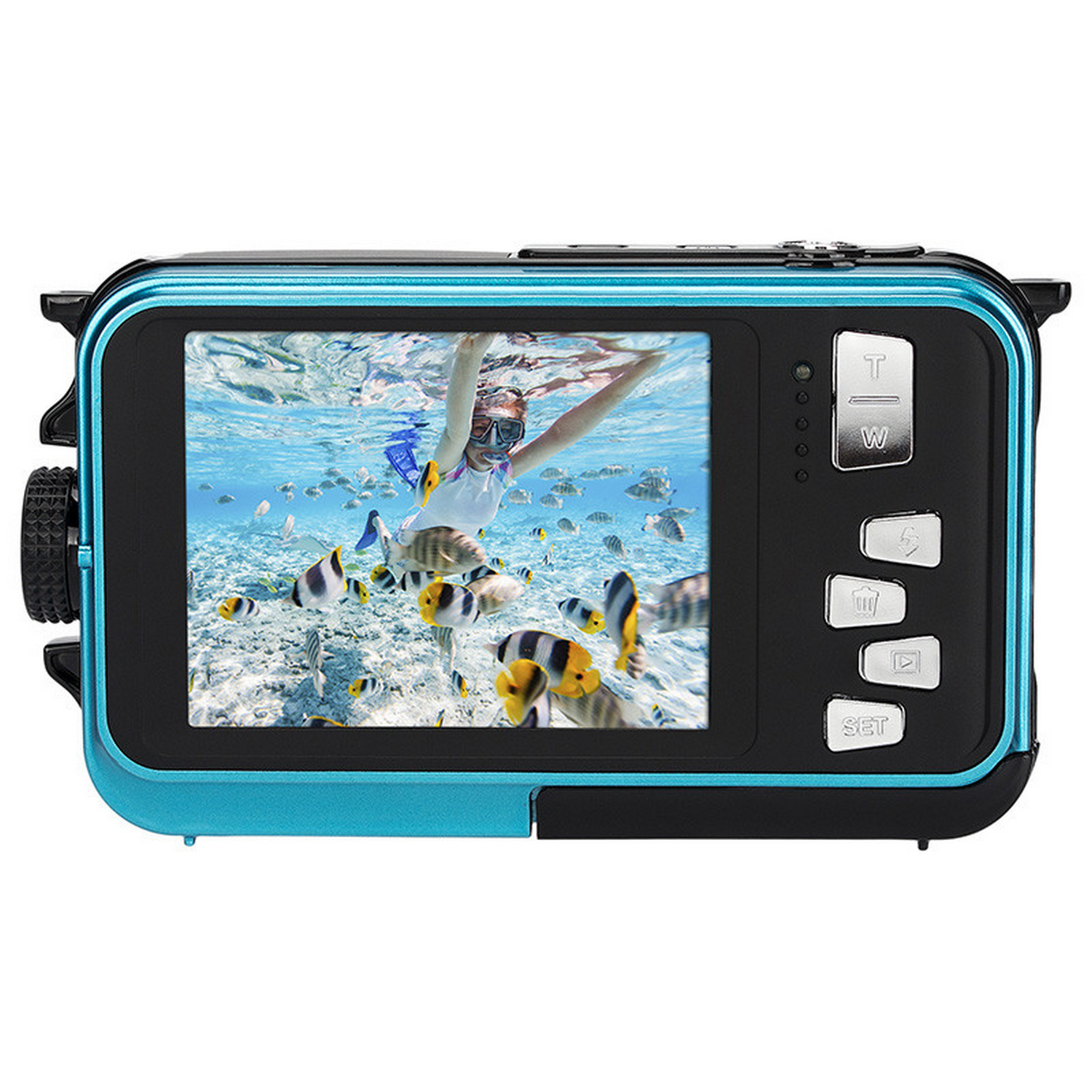 Onderwatercamera met een persoon die snorkelt tussen vissen.