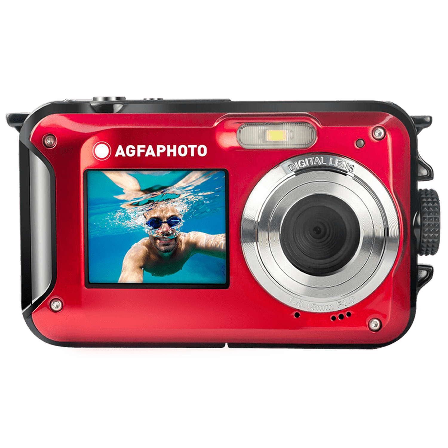 Rode AgfaPhoto onderwater digitale camera. Een persoon zwemt op het scherm.