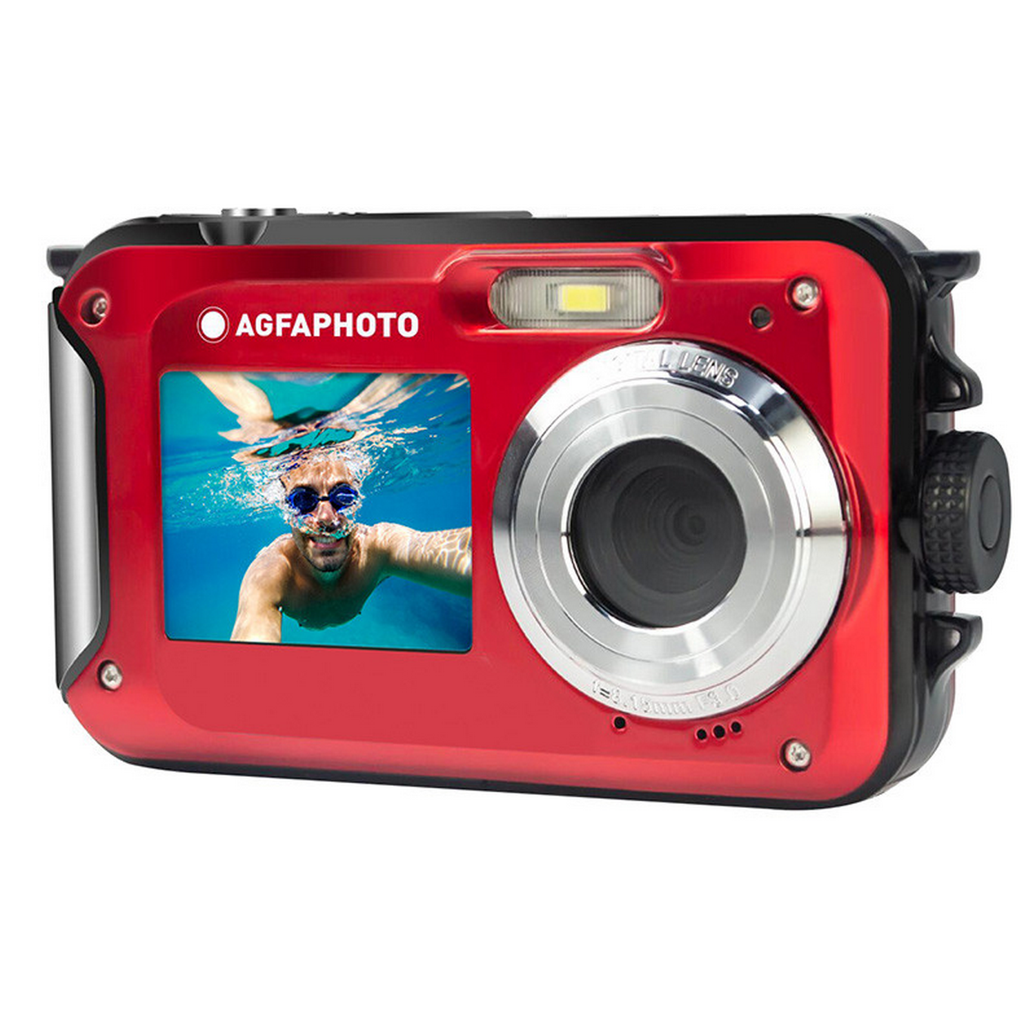 Een rode waterdichte camera met een persoon onder water op het scherm.