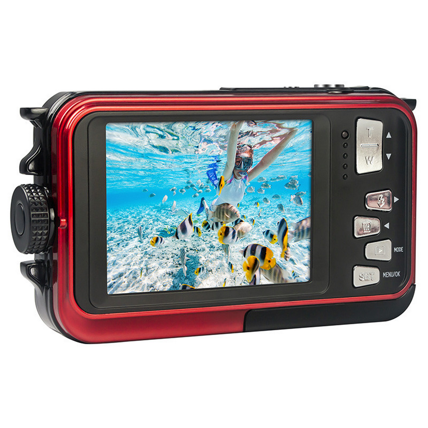 Rode onderwatercamera met een afbeelding van een persoon die snorkelt met vissen.