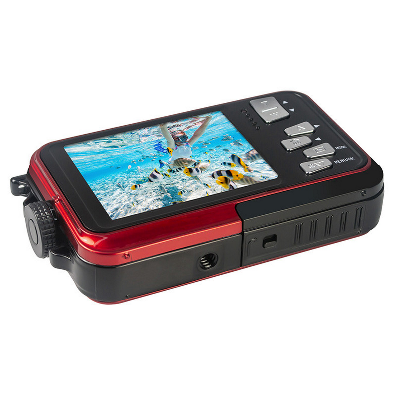 Een rode en zwarte waterdichte camera die een scherm toont met vissen onder water en een persoon.