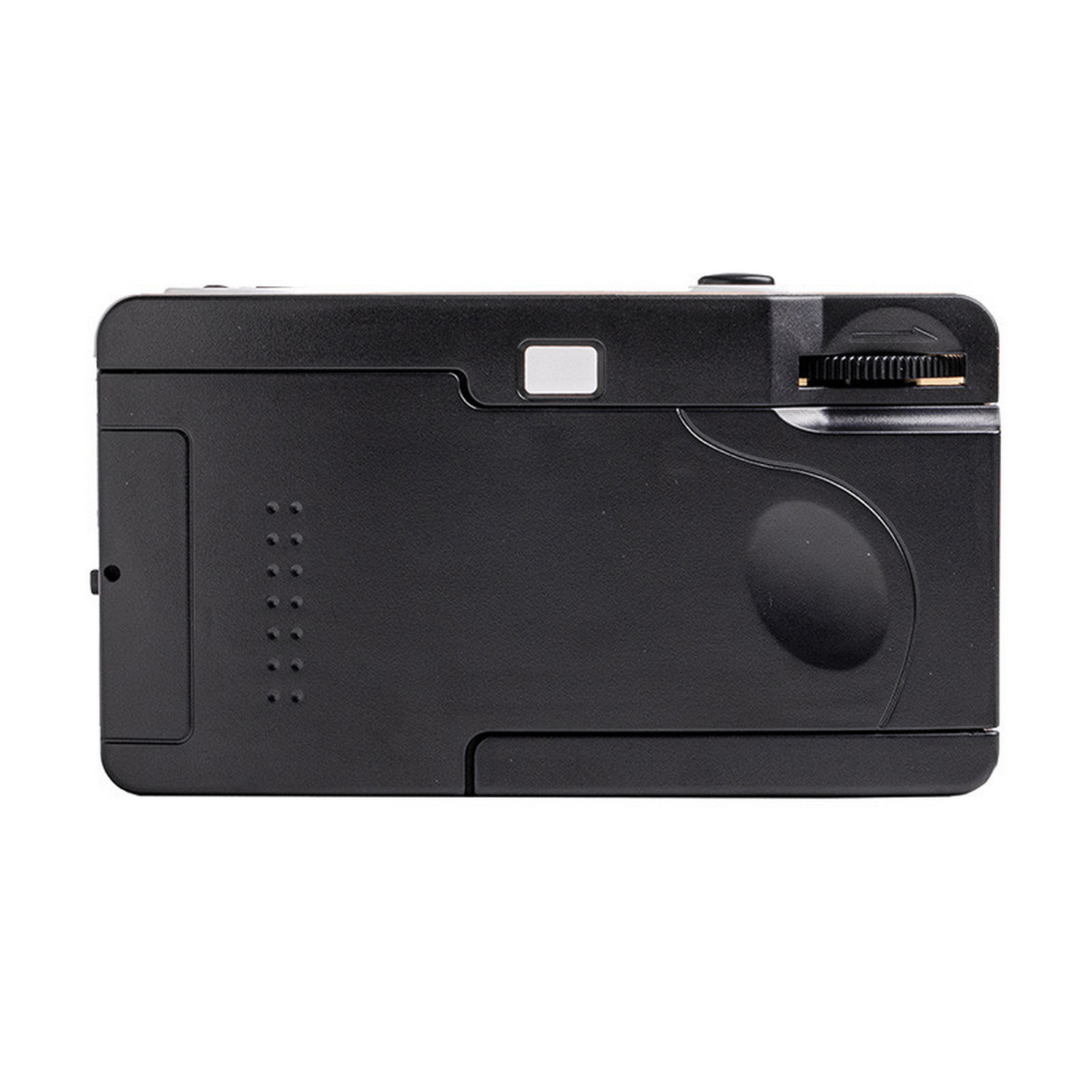 A black camera on a white background. Has a shutter button, a viewfinder, and a dial.