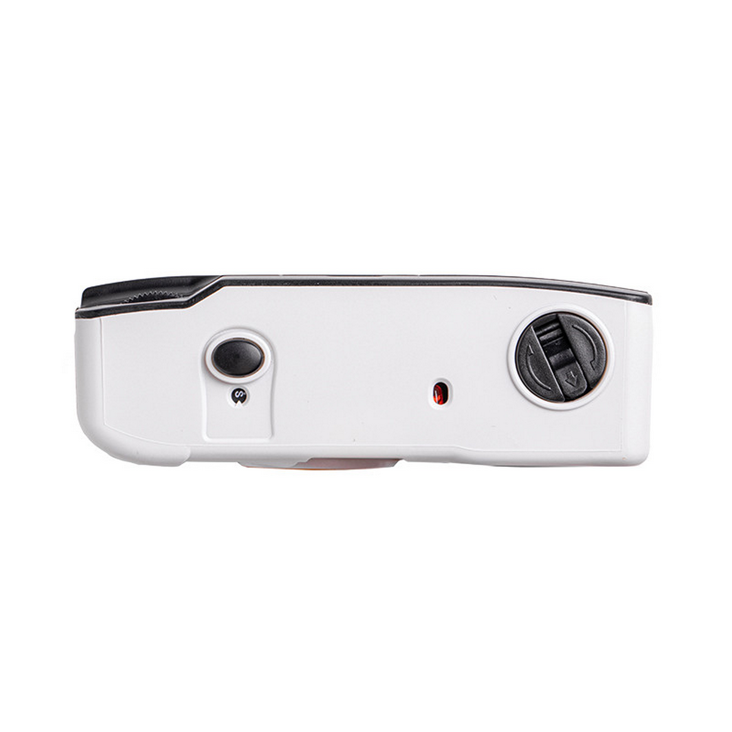 A white camera with black buttons and a dial. The camera is viewed from the top, against a white background.