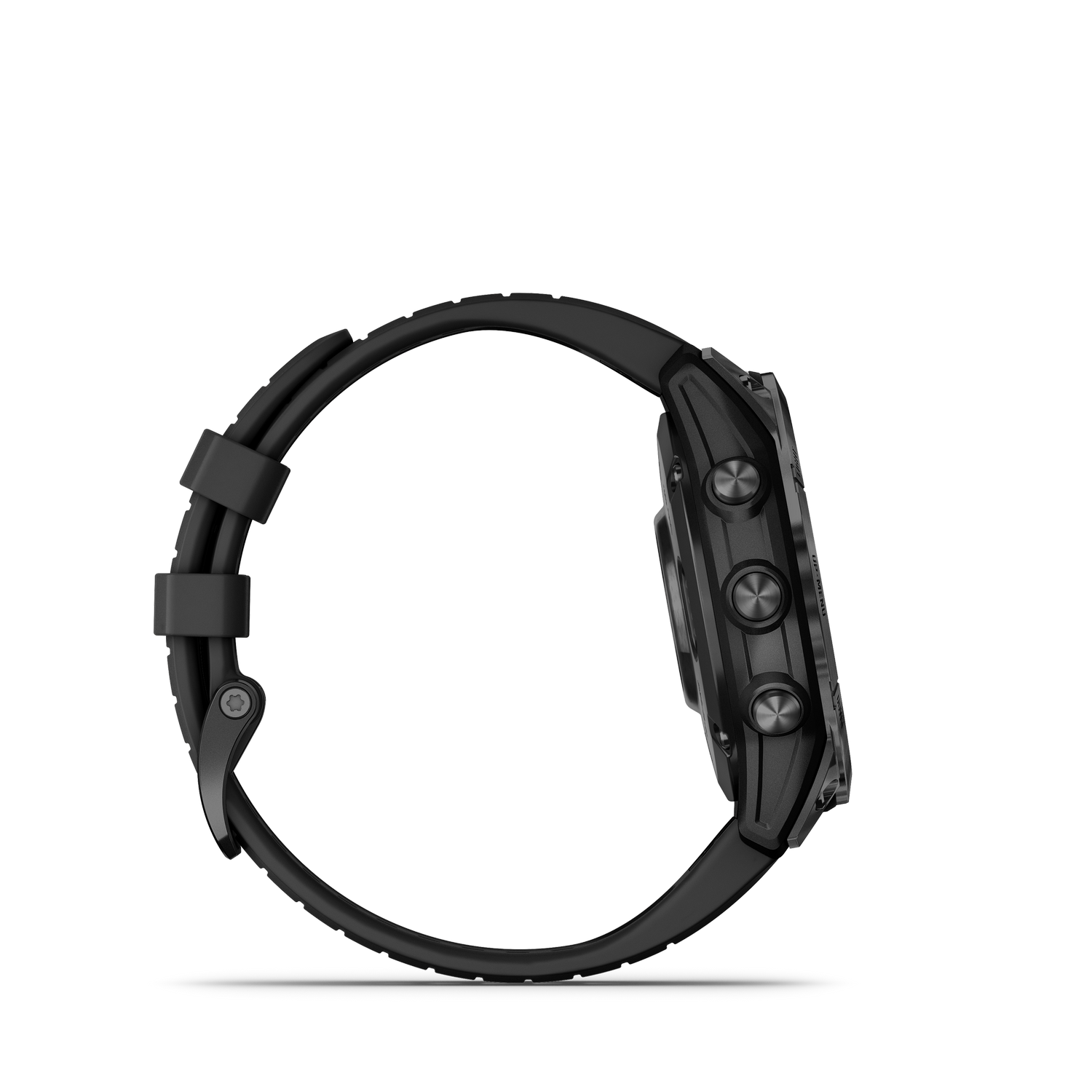 Zwarte smartwatch met knoppen en een zwarte band tegen een zwarte achtergrond.