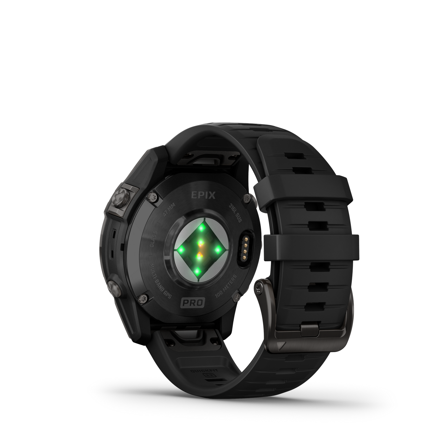 Zwarte smartwatch, achteraanzicht, met een zwarte band op een donkere achtergrond. Hartslagsensor zichtbaar.