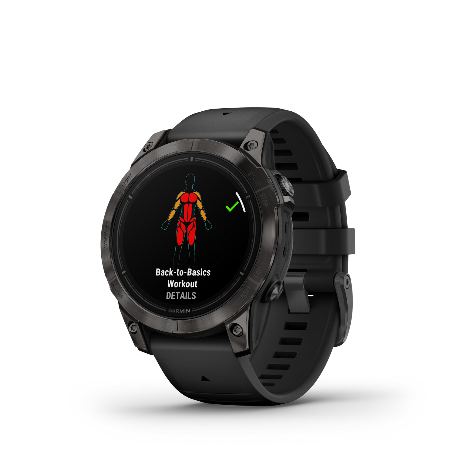 Zwarte Garmin smartwatch. Toont workoutdetails en een rood lichaamsspierdiagram.