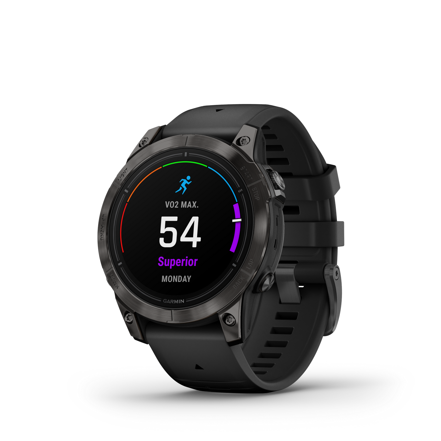 Een zwarte smartwatch toont 'VO2 Max' en '54 Superior'. Het horloge heeft een zwarte band en een donkere achtergrond.