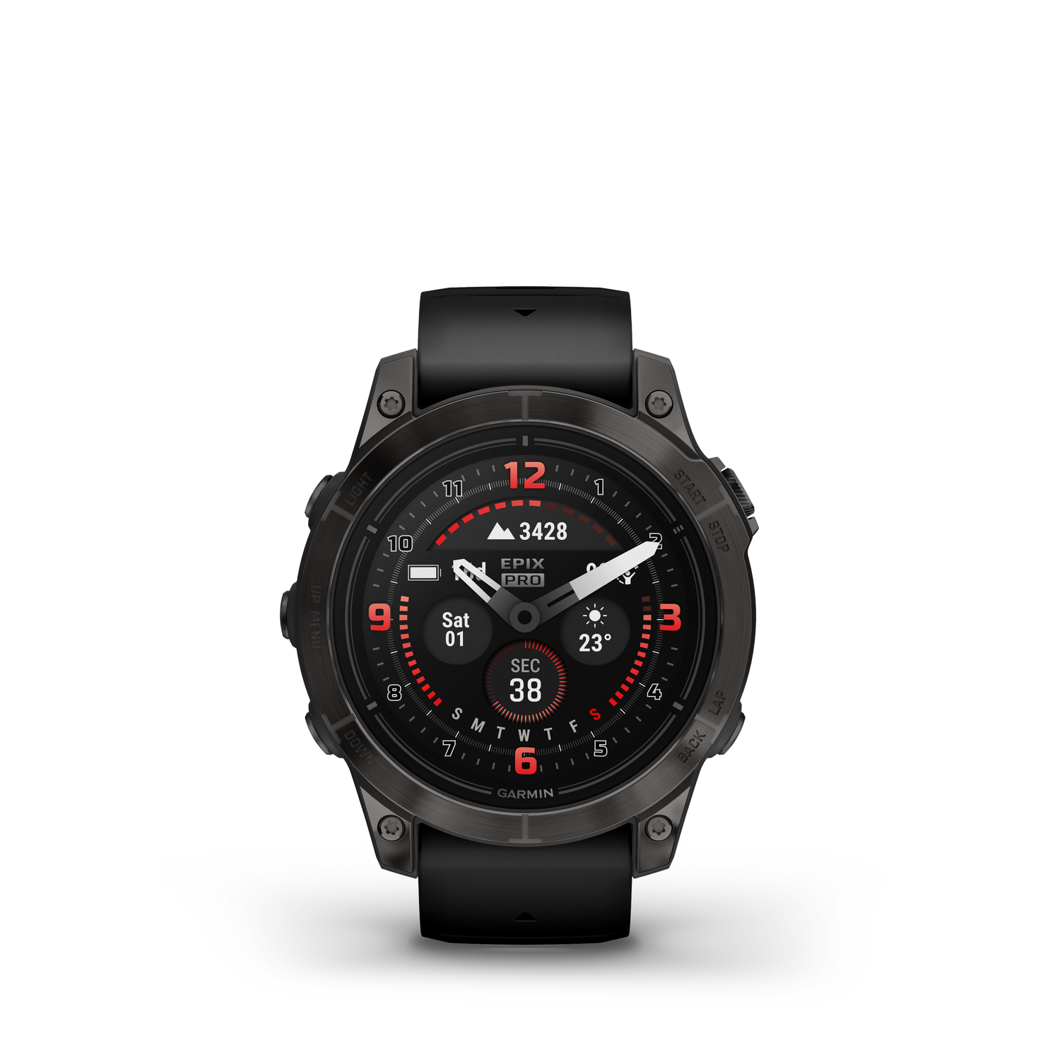 Zwarte Garmin Epix Pro horloge. Toont tijd, datum, hartslag en andere meetwaarden.