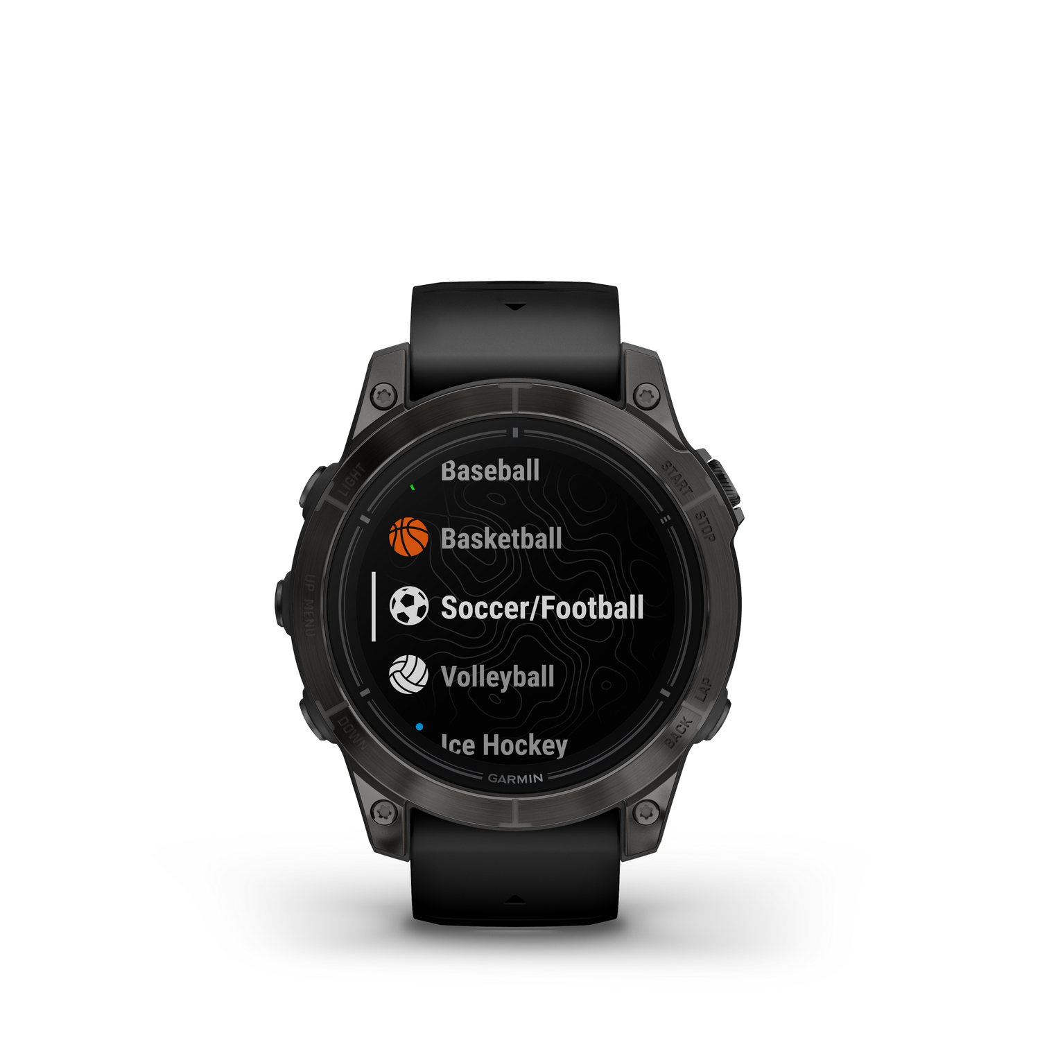 Een zwarte Garmin smartwatch toont opties voor verschillende sporten: honkbal, basketbal, voetbal, volleybal, hockey.