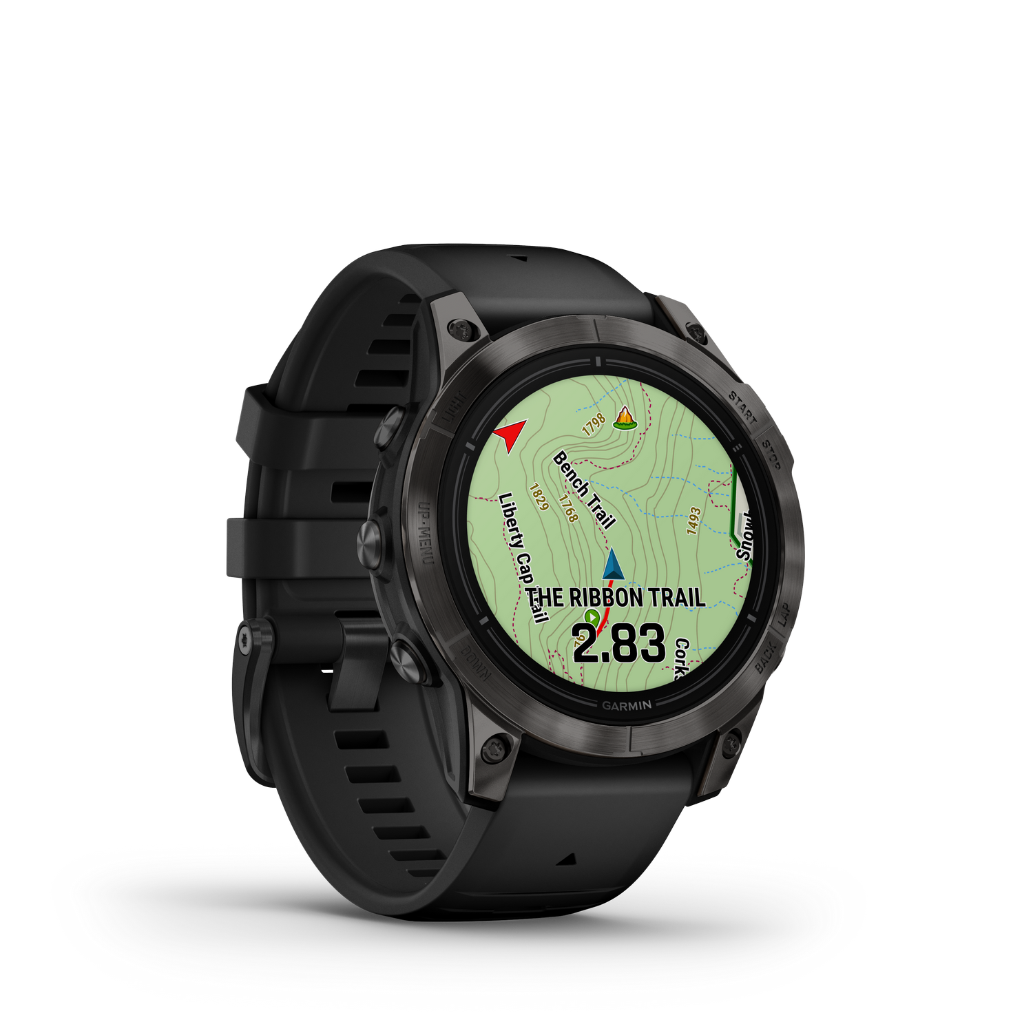 Zwarte Garmin smartwatch met kaartweergave, toont een pad. Zwarte achtergrond.