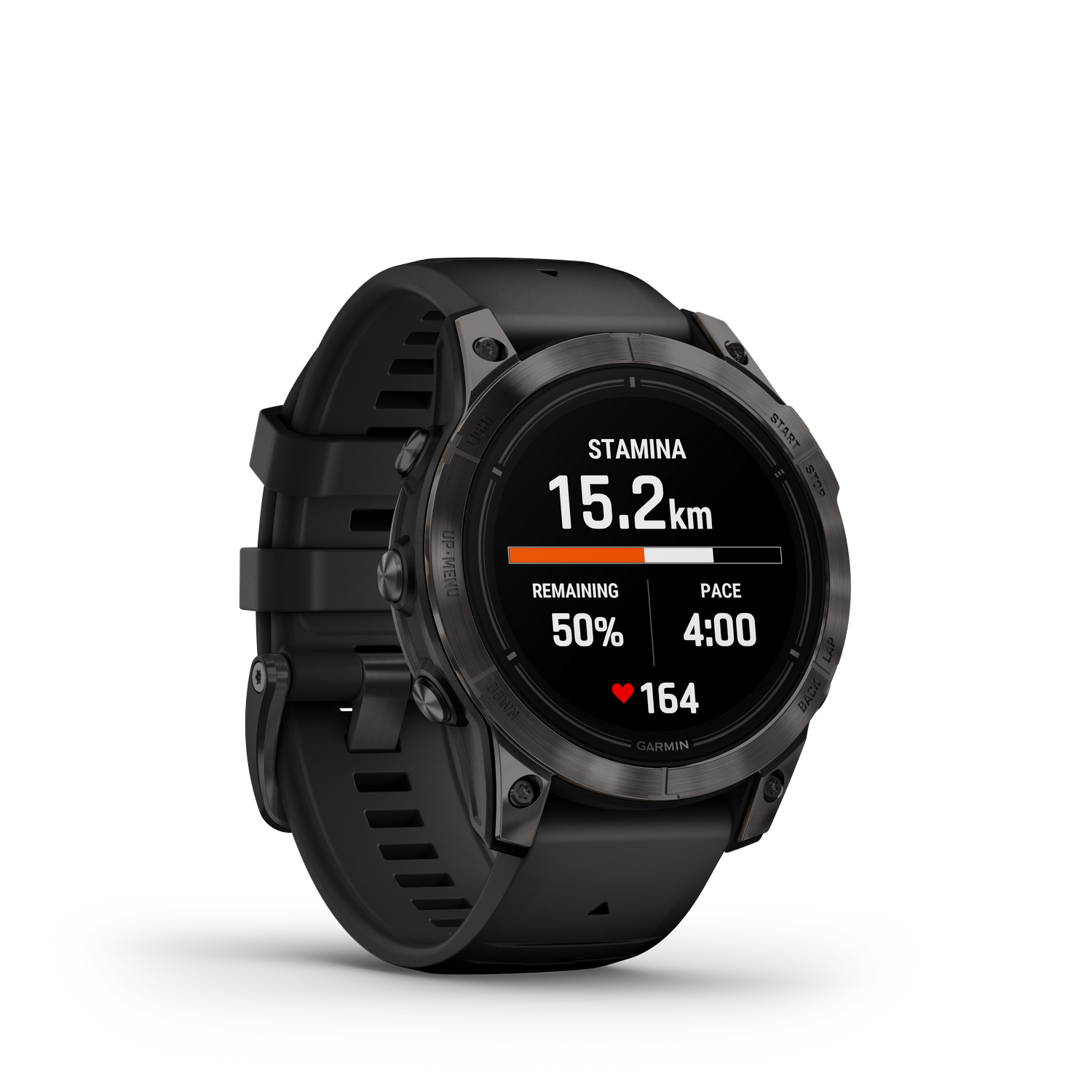 Zwarte Garmin wijzerplaat met conditie, resterend en tempo.