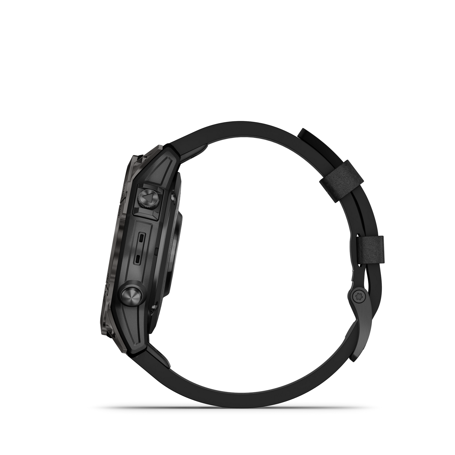 Zwarte smartwatch op zwart oppervlak, zijaanzicht, met zwarte band.