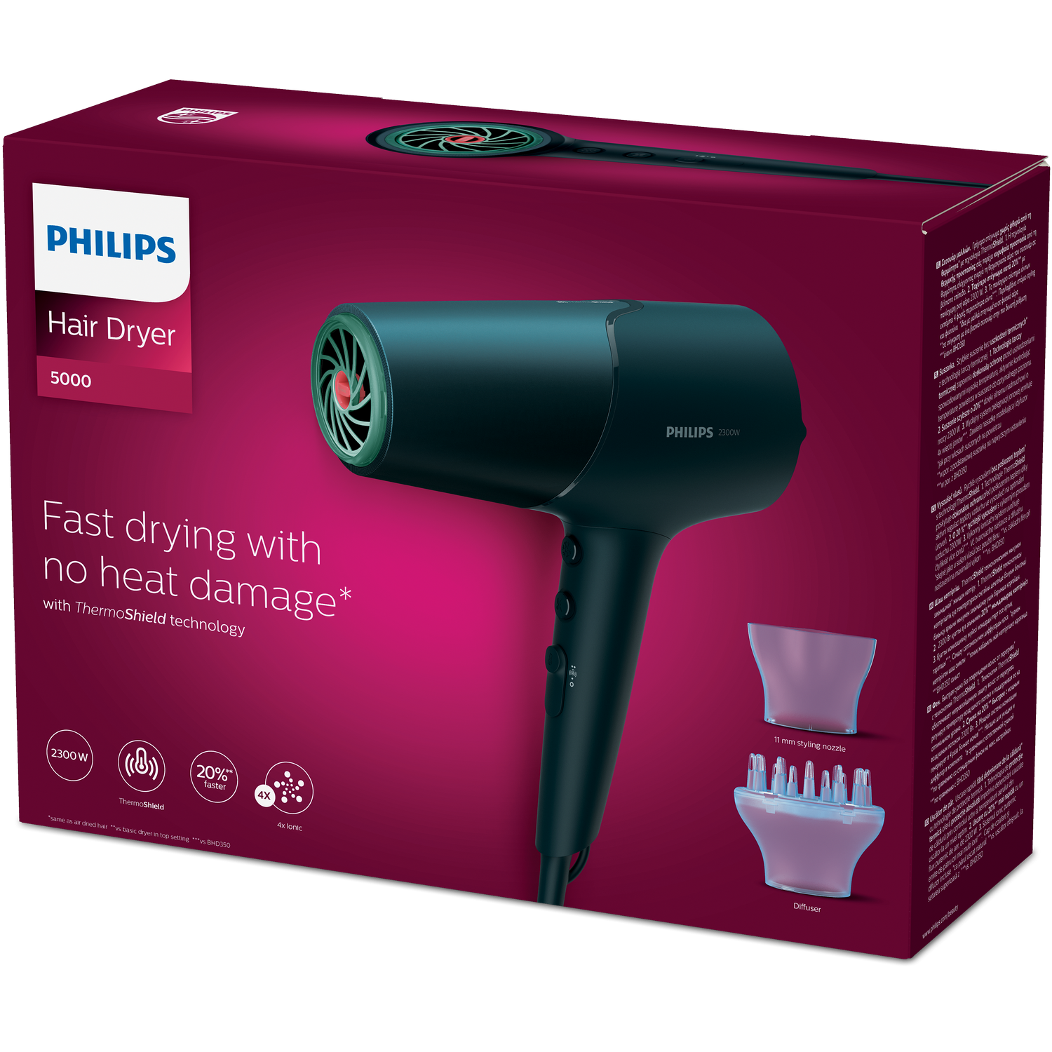 Black Philips hair dryer on a box. The box has white text and a green hair dryer icon.