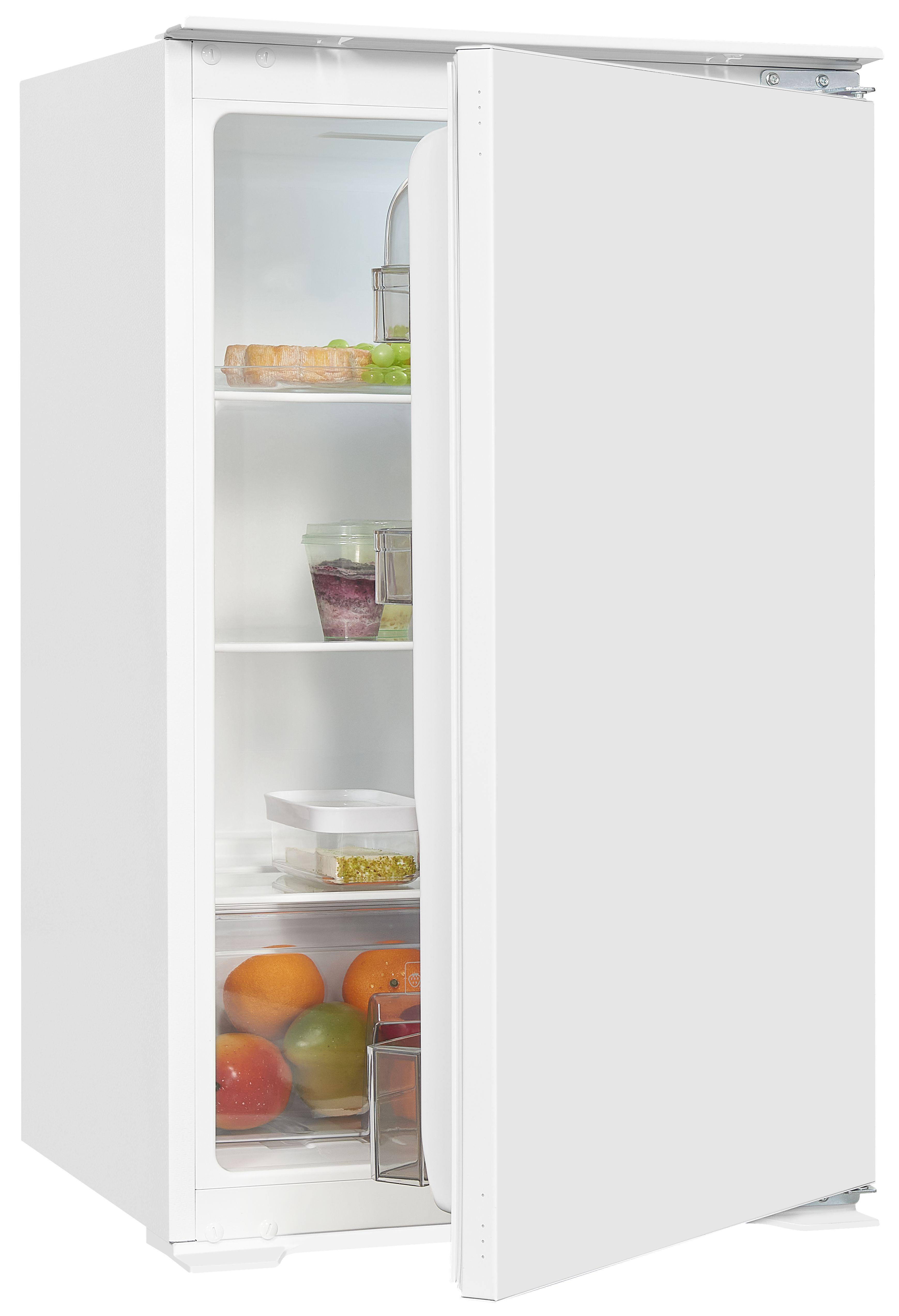 Weißer Kühlschrank mit offener Tür, die Lebensmittel zeigt.
