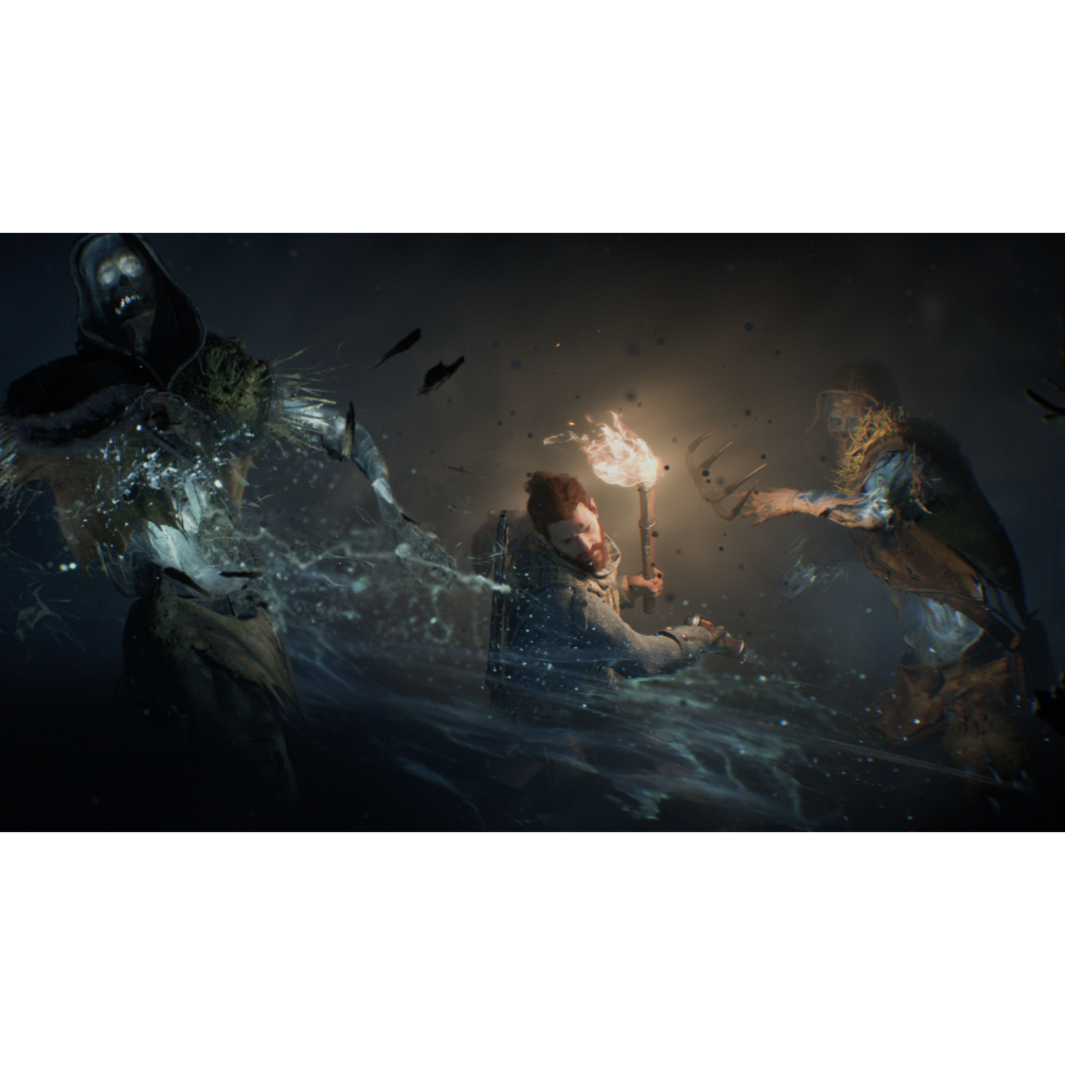 A man with a torch is surrounded by shadowy figures in a dark, foggy scene.