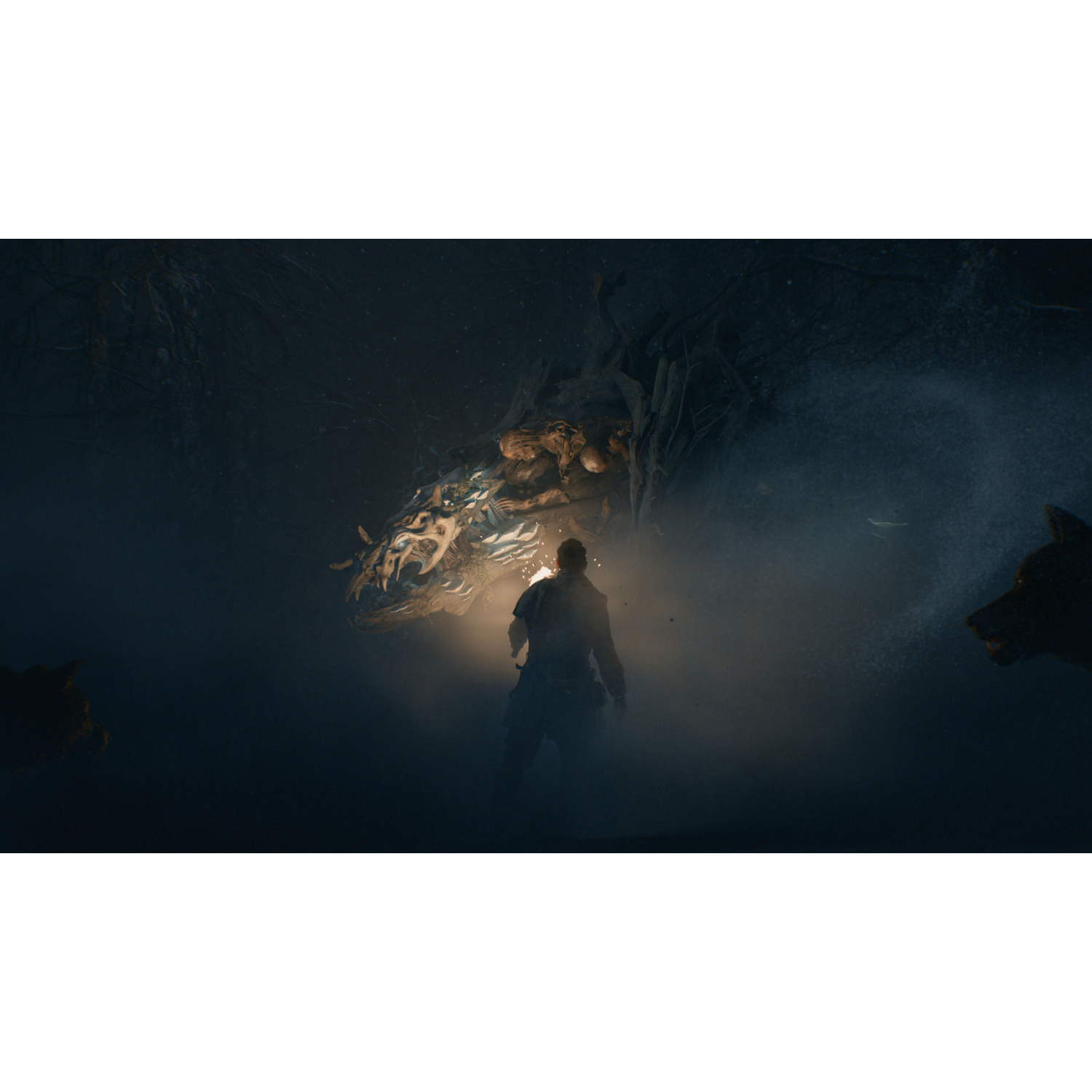 A person with a lantern faces a glowing creature in a dark cave. Two wolves stand in the dark.
