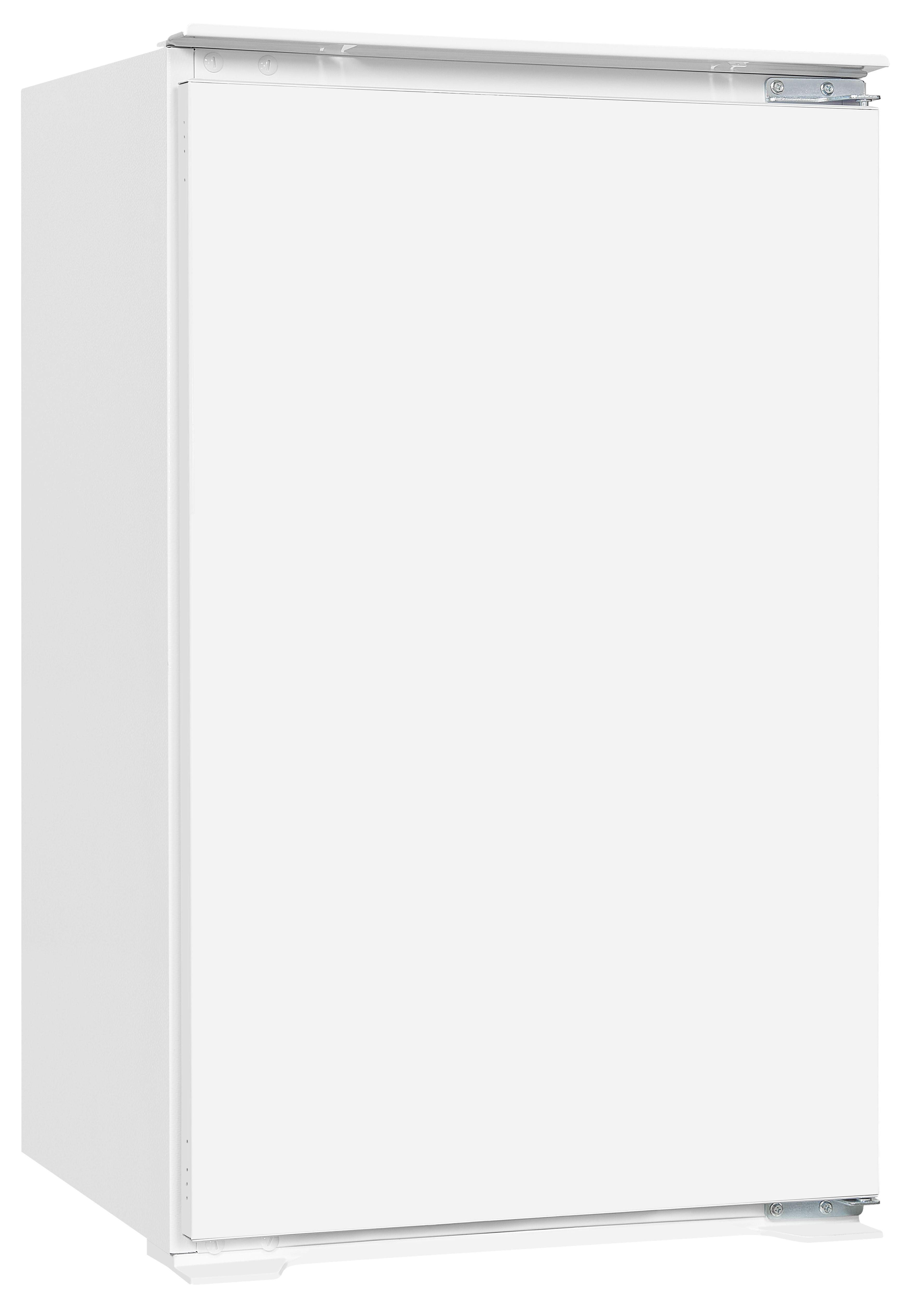 Ein weißer Kühlschrank mit geschlossener Tür. Der Hintergrund ist sauber. Der Kühlschrank steht auf weißem Untergrund.