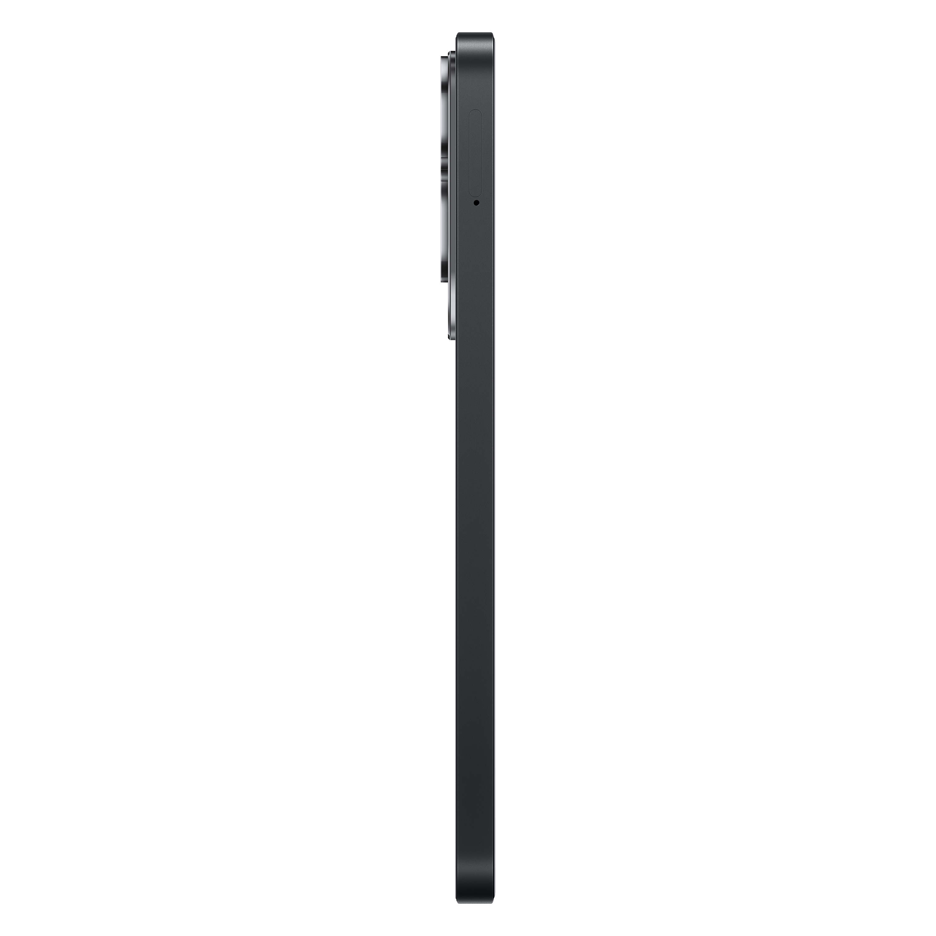Ein schwarzes Smartphone, Seitenansicht, zeigt sein schlankes Profil. Der Hintergrund ist weiß.