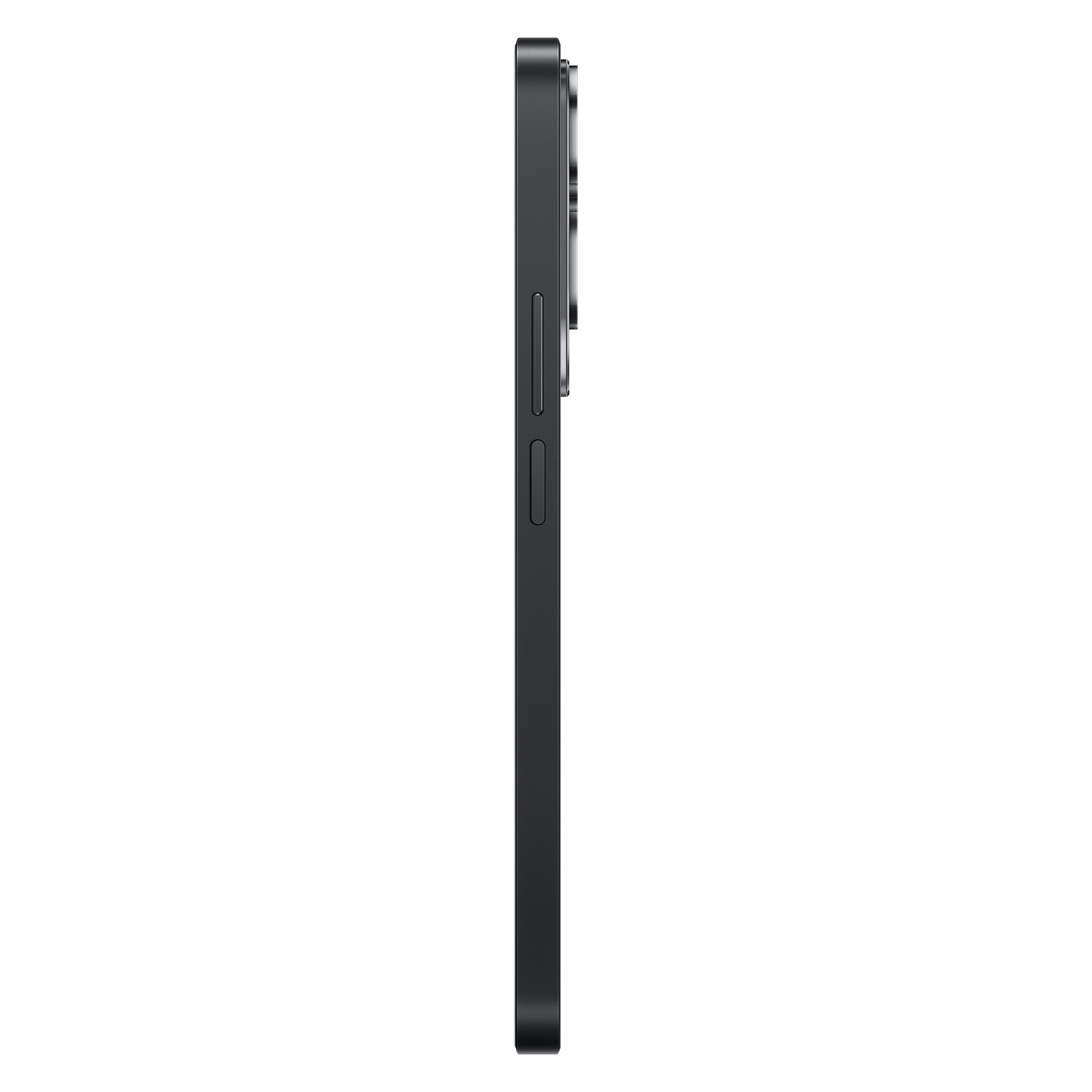 Schwarze Smartphone-Seitenansicht. Verfügt über eine Kamera, Tasten und ein schlankes Design.