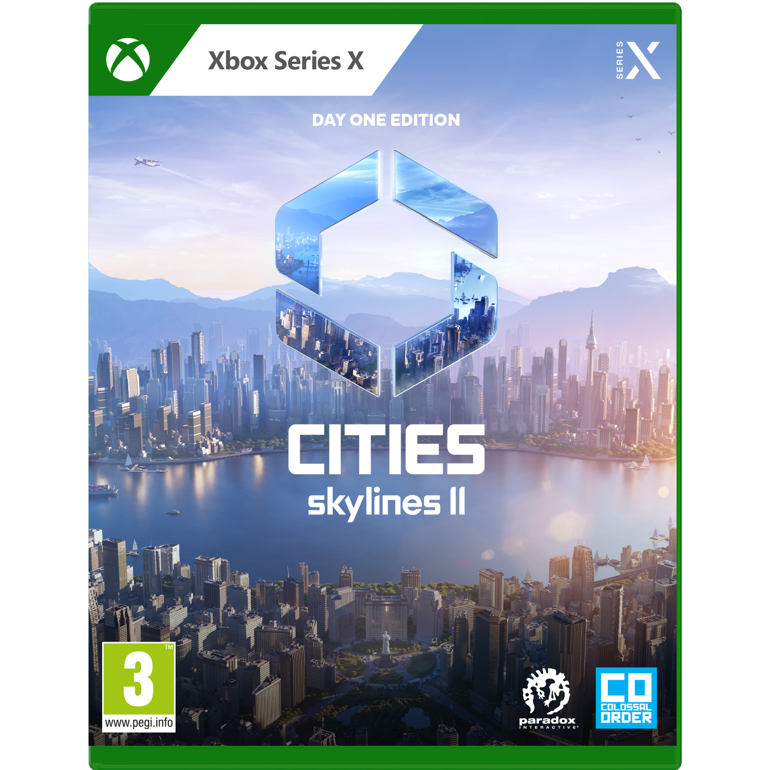 Xbox Series X game box. Het heeft een stadsbeeld en de titel van de game. De achtergrond is zwart.