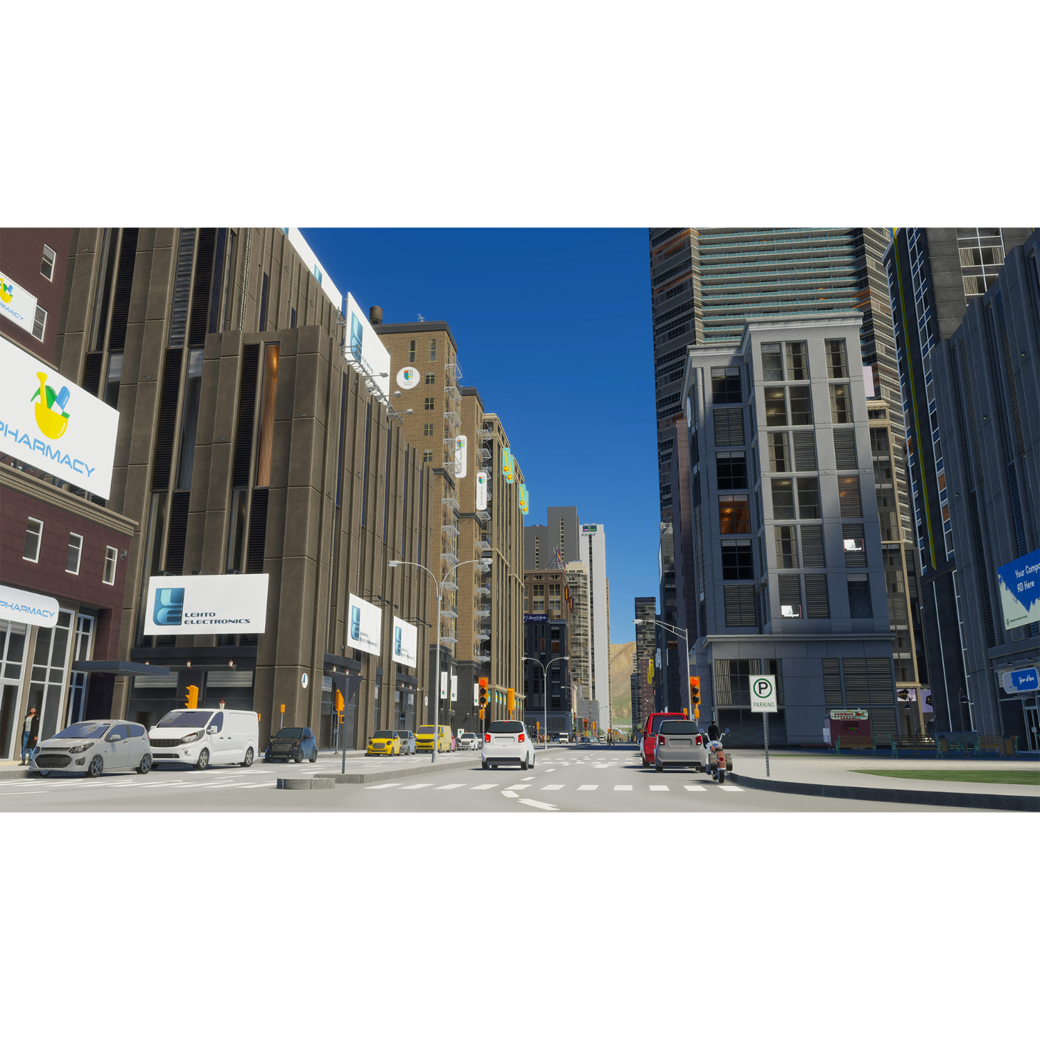 Stadstraat met gebouwen, auto's en een blauwe lucht.