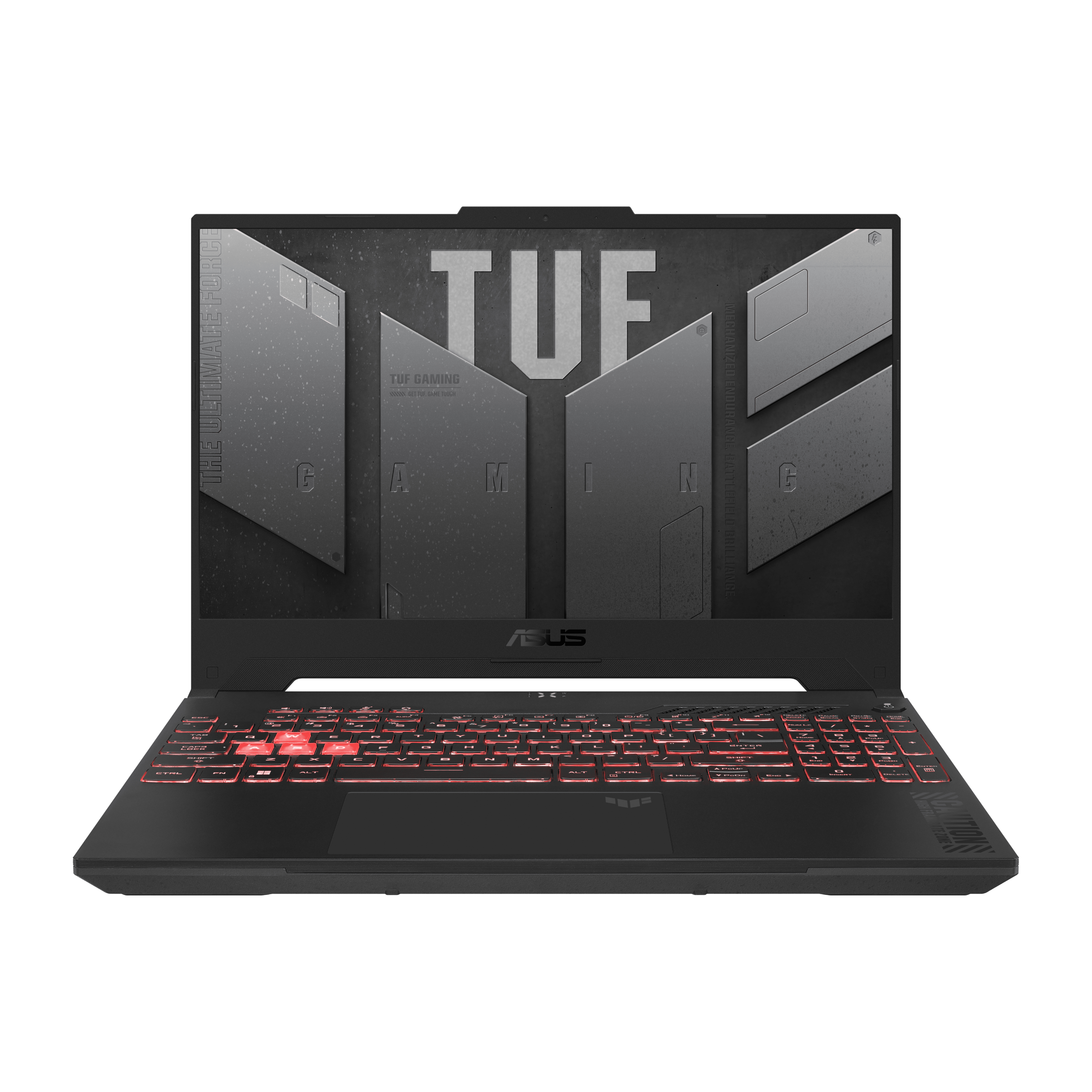 Portátil negro con teclado retroiluminado rojo, logotipo TUF en pantalla. La pantalla muestra gráficos.