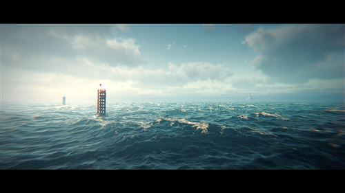 Escena oceánica con olas y cielo nublado. Varias boyas son visibles en el agua.
