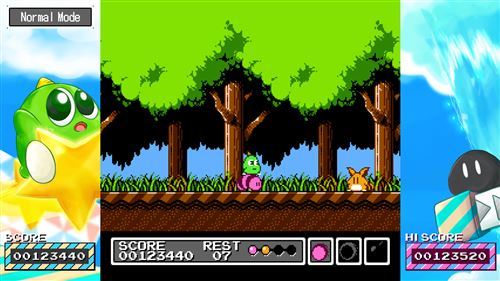 Una escena de videojuego retro con personajes de dibujos animados, árboles y cielo azul.