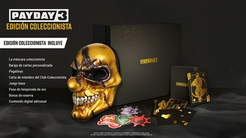 Caja de la edición de coleccionista de Payday 3 con máscara, cartas y contenido.