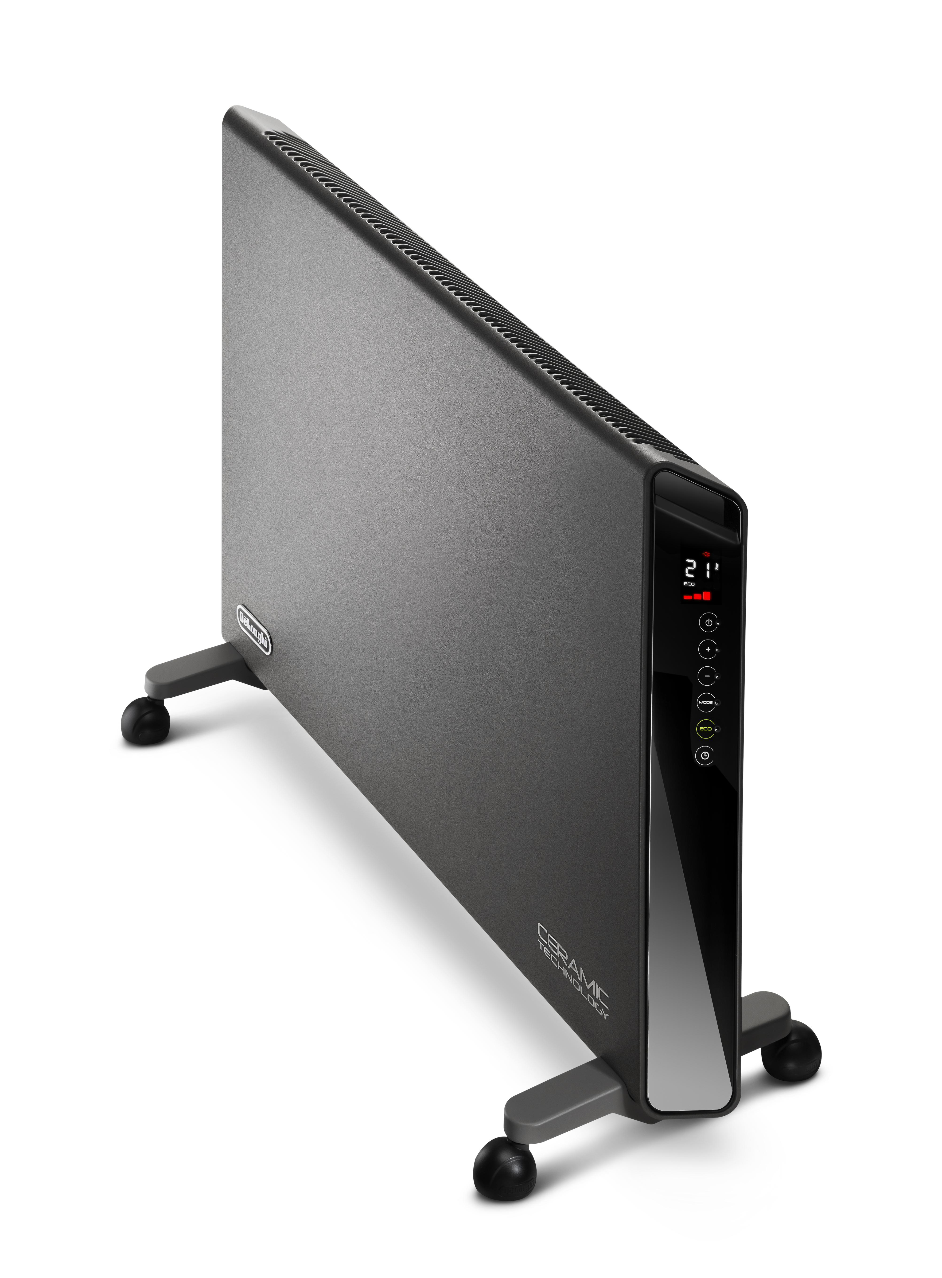 Dunkelgraue Elektroheizung mit digitaler Anzeige. Die Heizung steht auf kleinen schwarzen Rädern.