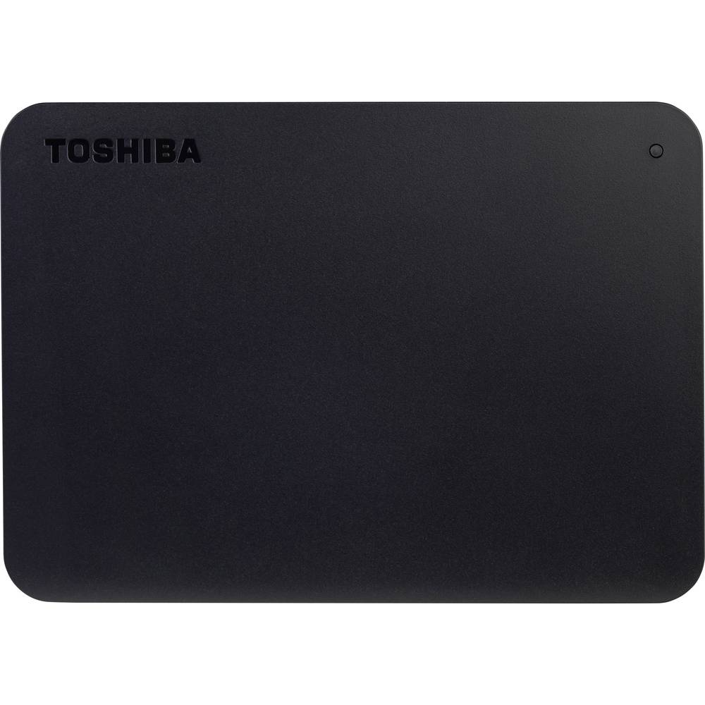 Disco duro externo Toshiba negro, con el logotipo de Toshiba, sobre fondo blanco.