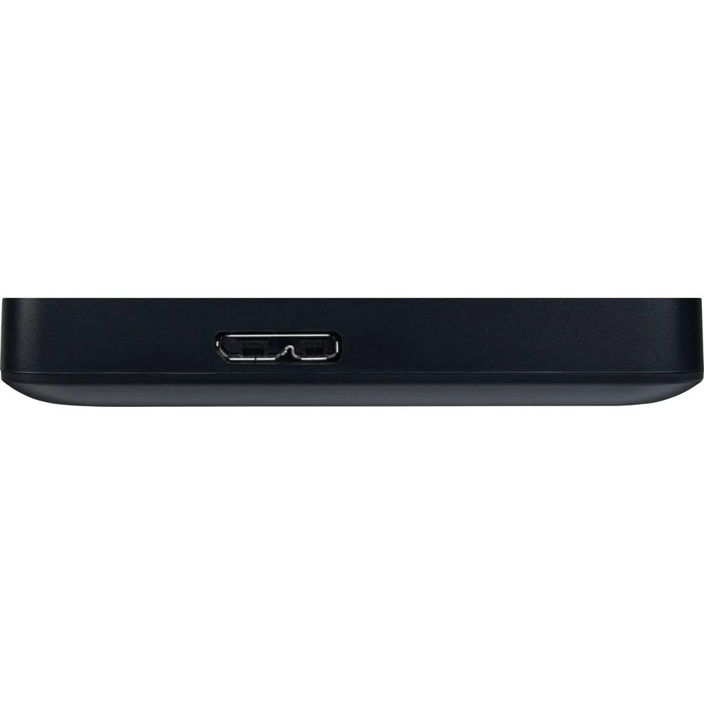 Primer plano de un disco duro externo negro con puerto USB.