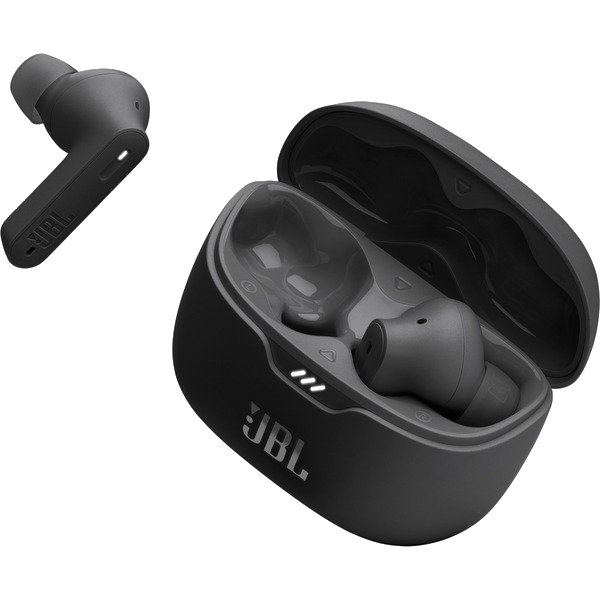 Dos auriculares inalámbricos JBL negros y estuche de carga sobre un fondo negro. El estuche está abierto.