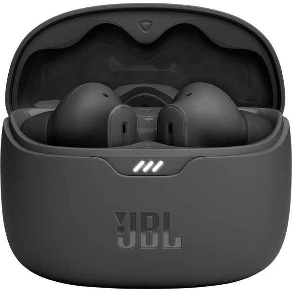 Auriculares JBL negros en su estuche de carga, con luces indicadoras blancas.